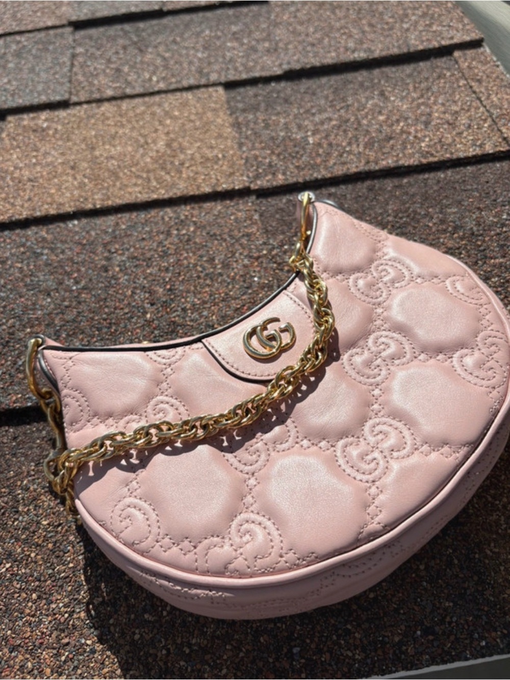 Gucci Blush Pink Quilted GG Half Moon Shoulder Bag with Gold Chain